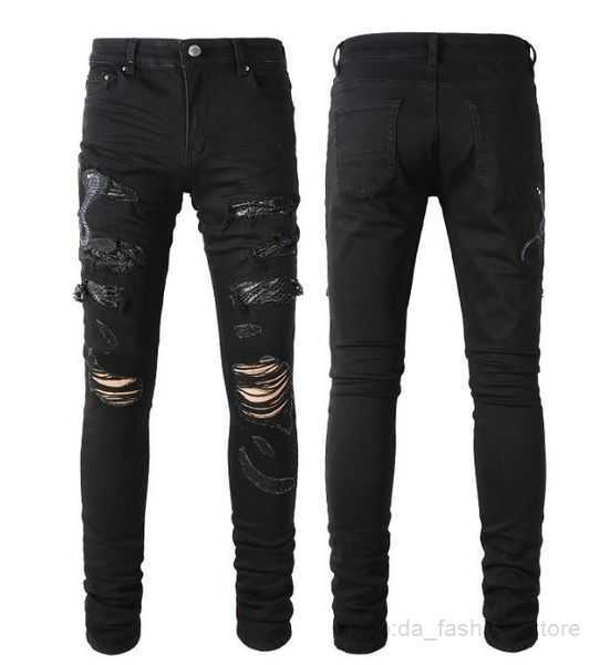 

Mens Jeans Slim Distressed Denim White Designer Leather Pants with Holes Letters Torn Tattered Knee Ripped for Man Skinny Straight Leg 23size -36