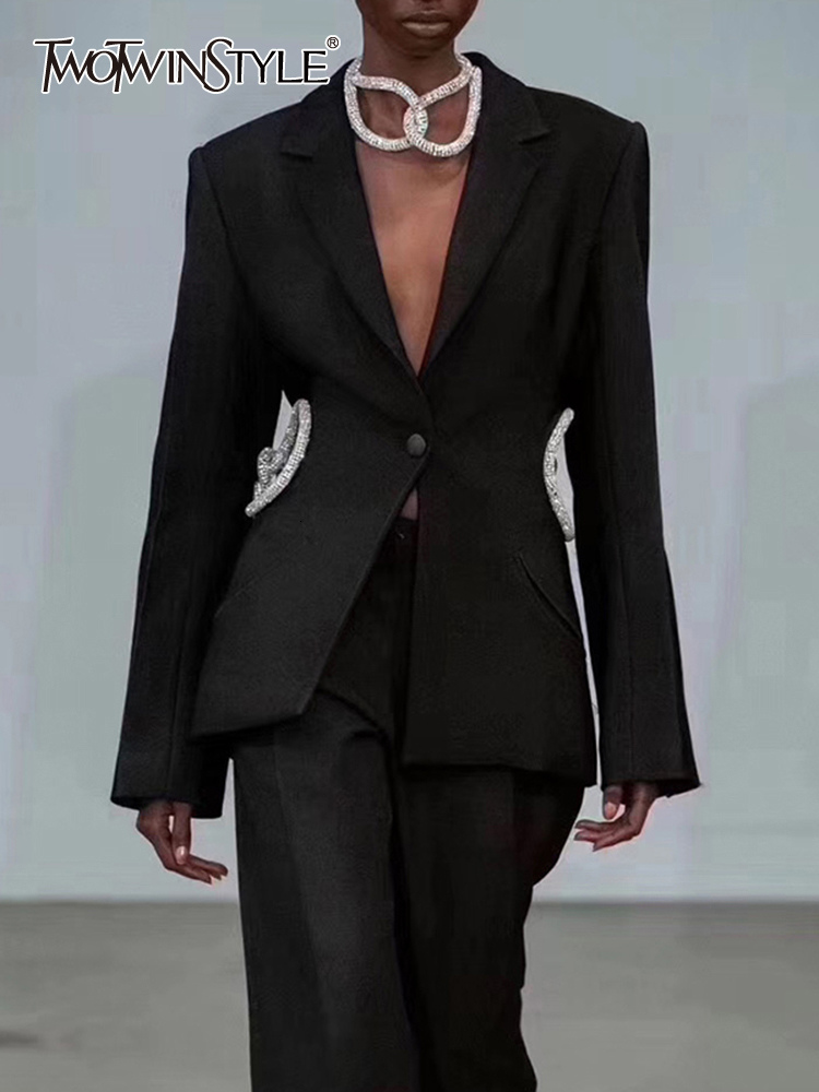 

Womens Suits Blazers TWOTWINSTYLE Casual Hollow Out Hit Color Notched Long Sleeve Tassel Slim Female Fashion Clothing 230202, Black