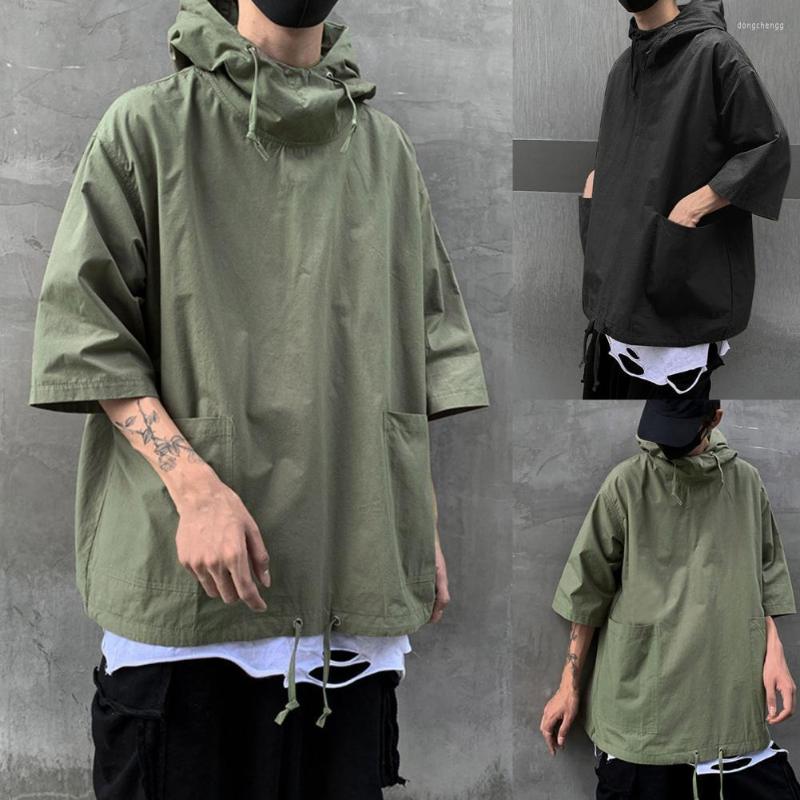 

Men's T Shirts Harajuku Hooded T-Shirt Men Half-sleeved Pullover Summer Solid Tops Pockets Oversize Fashion Teens Streetwear Tee Shirt, Army green