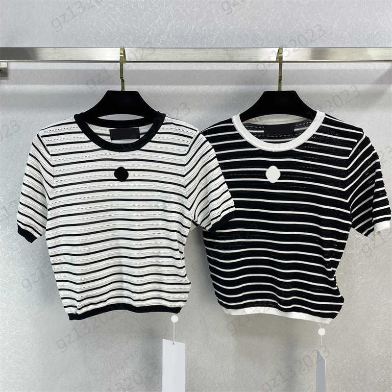

Designer Sweater Front Logo Counter Color Striped Decorative Short Sleeve Knit Sweater Threaded Edge Hollowed Out Waist Bare Design Knitwear Woman Sweater
