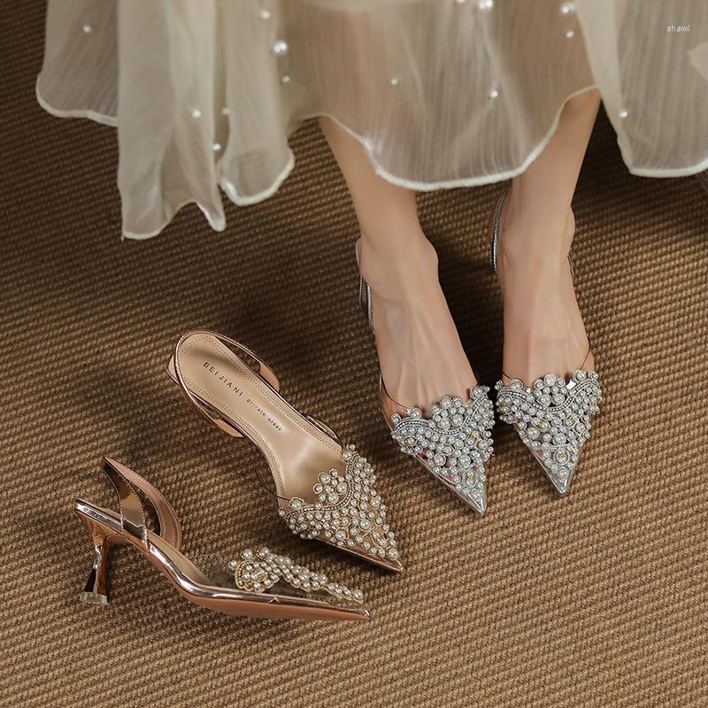 

Sandals Brand Summer Women's Heeled High Quality French Style Heels Ladies Wedding Party Office Work Shoes, Champagne