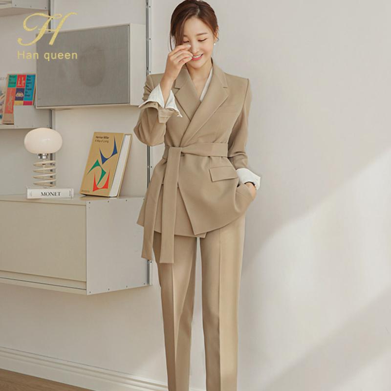 

Women' Two Piece Pants Han Queen Autumn Suit Lace-up Breasted Jacket And Long Business 2 Pieces Korean Slim Work Wear Blazer Set, Black