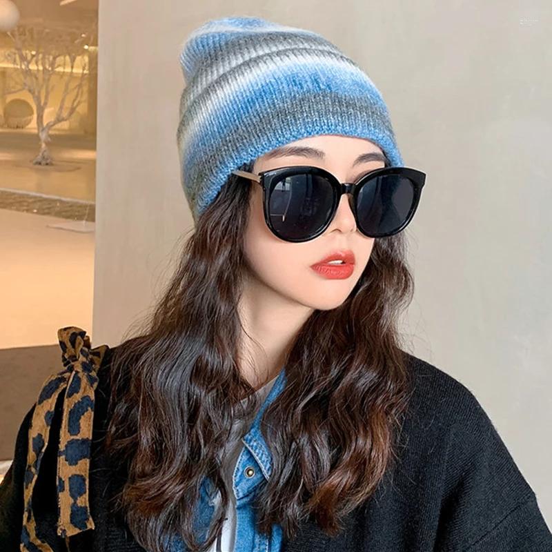 

Berets 2023 Women's Stylish Beanie Hat Fashion Gradient Color Warm Knitted Female Streetwear Winter Teens Trend Cap Gorras, Black blue