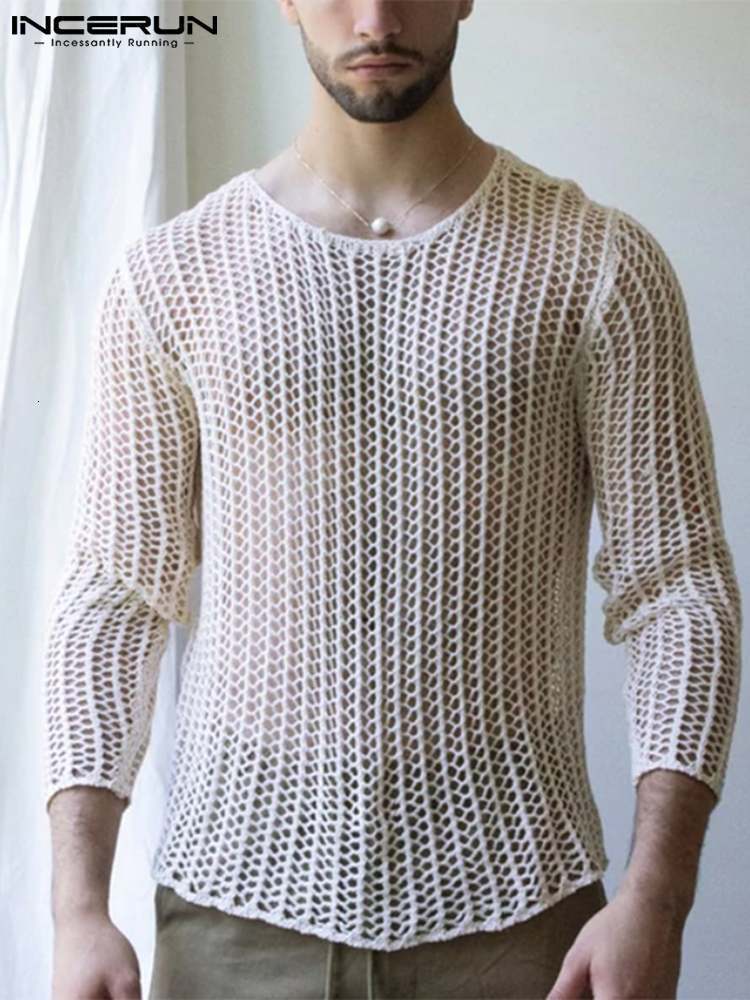 

Men's T-Shirts Men Mesh T Shirt Transparent O-neck Long Sleeve Streetwear Men Clothing Sexy Solid Party Nightclub Camisetas S-5XL INCERUN 230203, White
