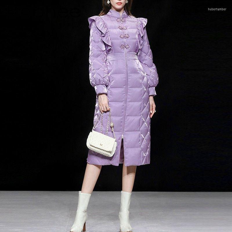 

Women's Down Retro Stand Collar Puff Sleeve Ruffles White Duck Jacket Thick Slim-Fit Purple Coat Winter Clothes Women Outerwear