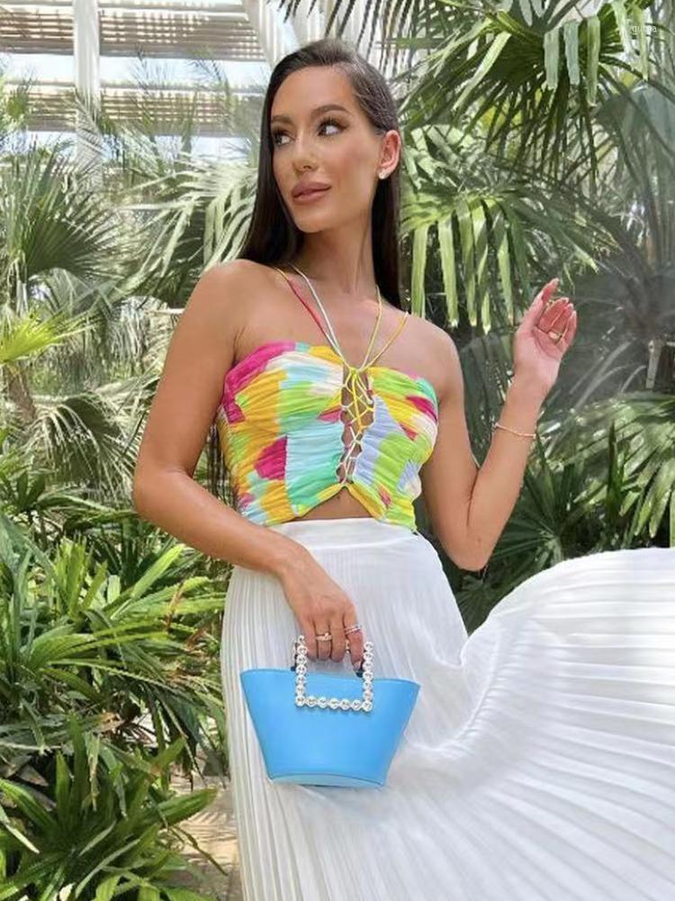 

Women's Tanks PUWD Women Pleated Print Cutout Sling 2023 Summer Ladies Sexy Tank Top Vacation High Street Beach Slim Female Chic Short Tops, Colorful