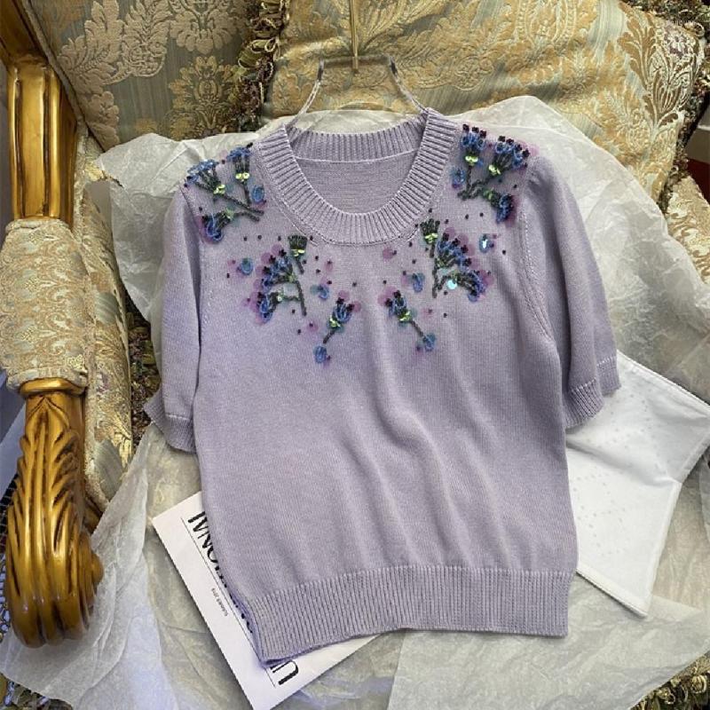 

Women' T Shirts 2023 Spring Summer Sweet Women' Beading Diamods Knitted T-shirt Tops F089, Picture shown
