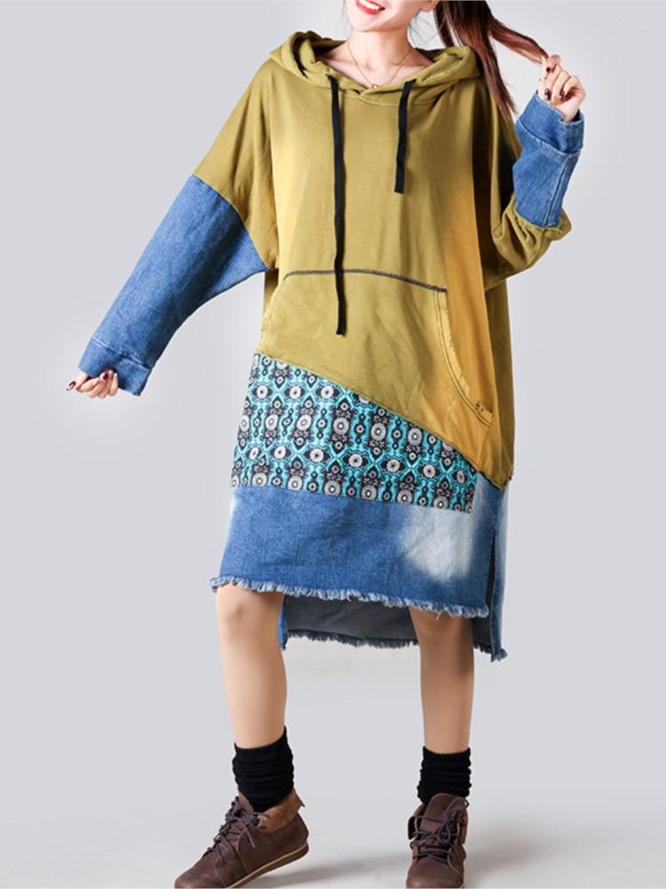 

Casual Dresses Autumn Winter Spring Dress Women Retro Loose Print Ladies Hooded Spliced Long-sleeved All-match 2023, Figure 2