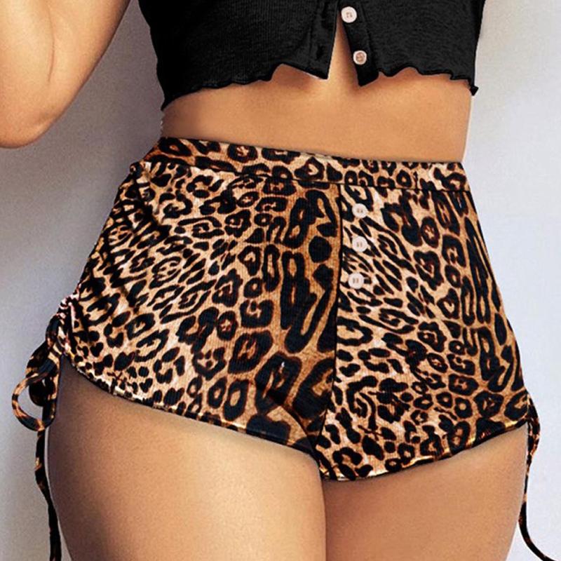 

Women's Shorts Drawstring Home Sports High Waist Streetwear Sexy Women Floral Leopard Printed Button, White