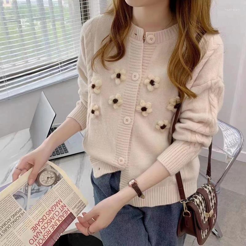 

Women's Knits 2023 Fashion Autumn Retro Flowers Round Neck Long-sleeved Sweater Lazy Temperament Striped Knitted Cardigan Women, Sky blue