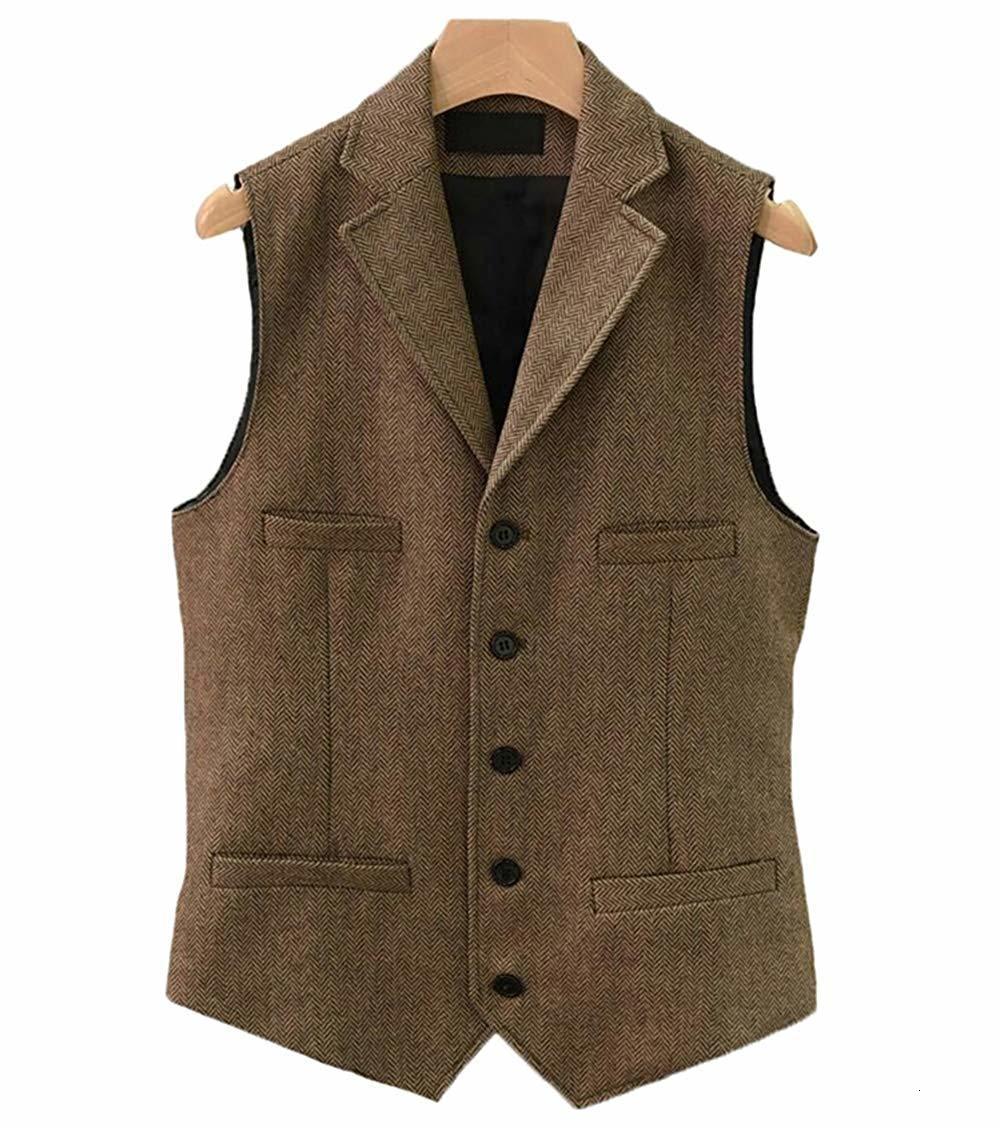 

Mens Vests Business Suit Vest Lapel V Neck Wool Herringbone Casual Gentleman Grey Waistcoat Formal Jacket Groomsman For Wedding 230203, Brown