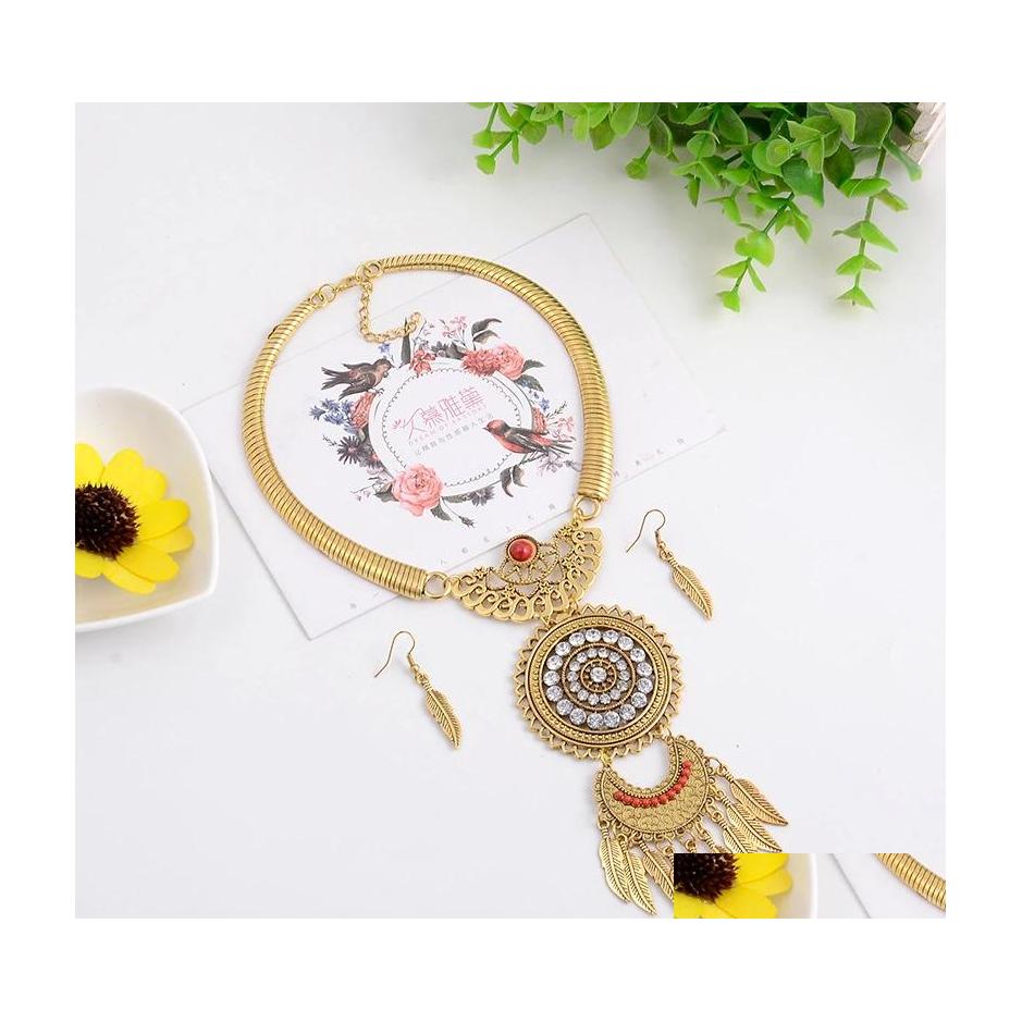 

Earrings Necklace Europe Vintage Jewelry Set Womens Leaves Tassels Pendant With Gold Sier Color Drop Delivery Sets Dhtlc, As the picture