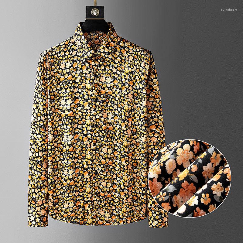 

Men's Casual Shirts Small Floral Print Long Sleeve Shirt For Men Black Gold Contrast Color Dress Social Party Chemise Hawaienne Homme, Picture
