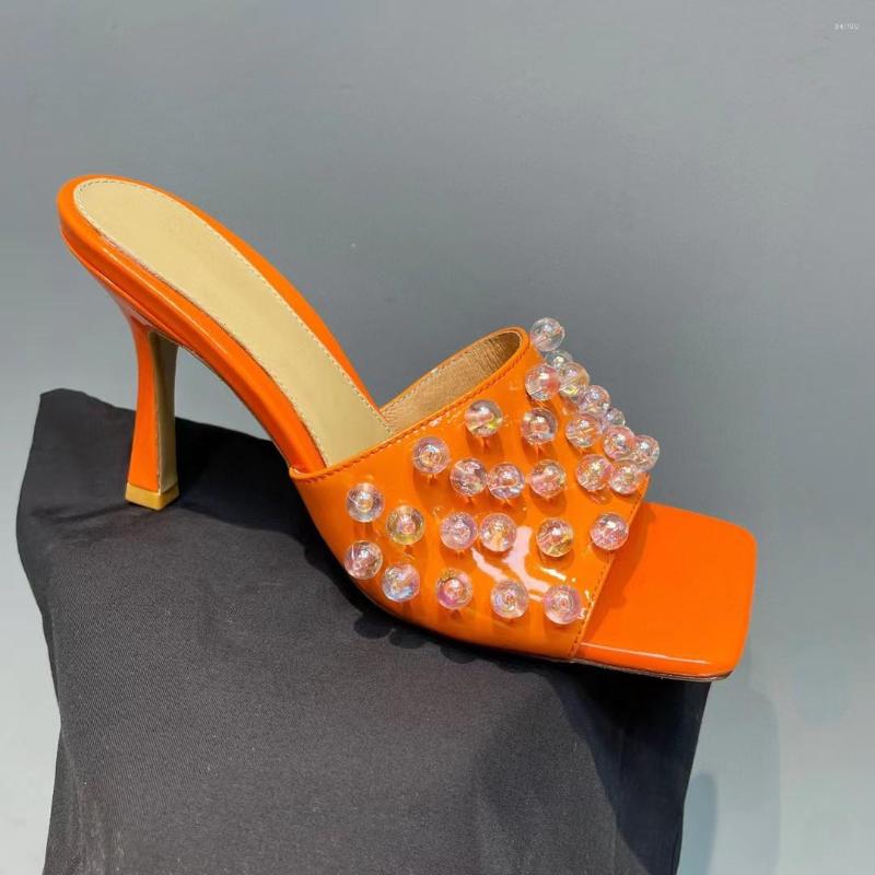 

Slippers Stiletto Heel Pearl Design Fashion Square Toe Genuine Leather Ladies Sandals Slip On Women Dress Slides, As picture