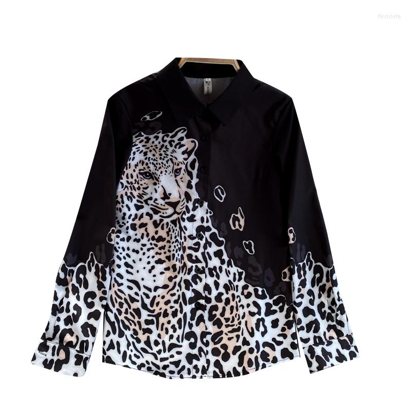 

Women's Blouses Autumn Fashion Leopard Print Shirt Women Lapel Single Breasted Long Sleeve Blouse Loose Casual Chiffon Tops Female Tide, Black