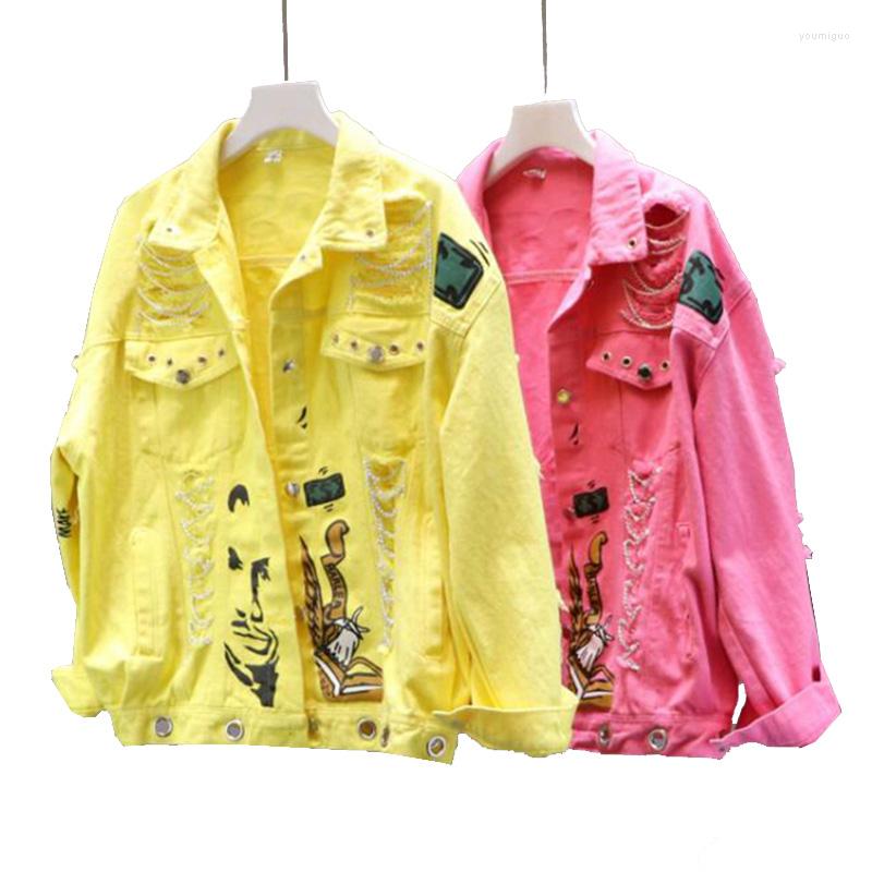 

Women's Jackets Jeans Jacket Spring Autumn Women's Graffiti Alphabet Printing Lace Bow Pin Hole Denim Student Basic Coat Outerwear, White
