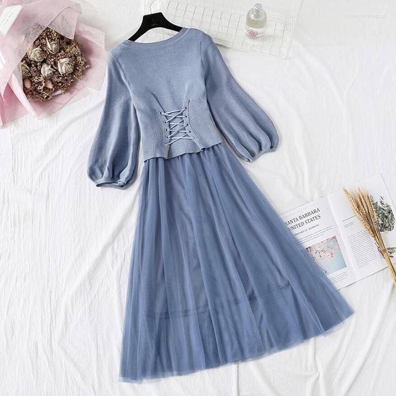 

Casual Dresses Women Knit Dress Spring Autumn O-Neck Puff Sleeve Knitted Tops Sling Mesh Two-piece Female Elegant Party Vestidos, Beige