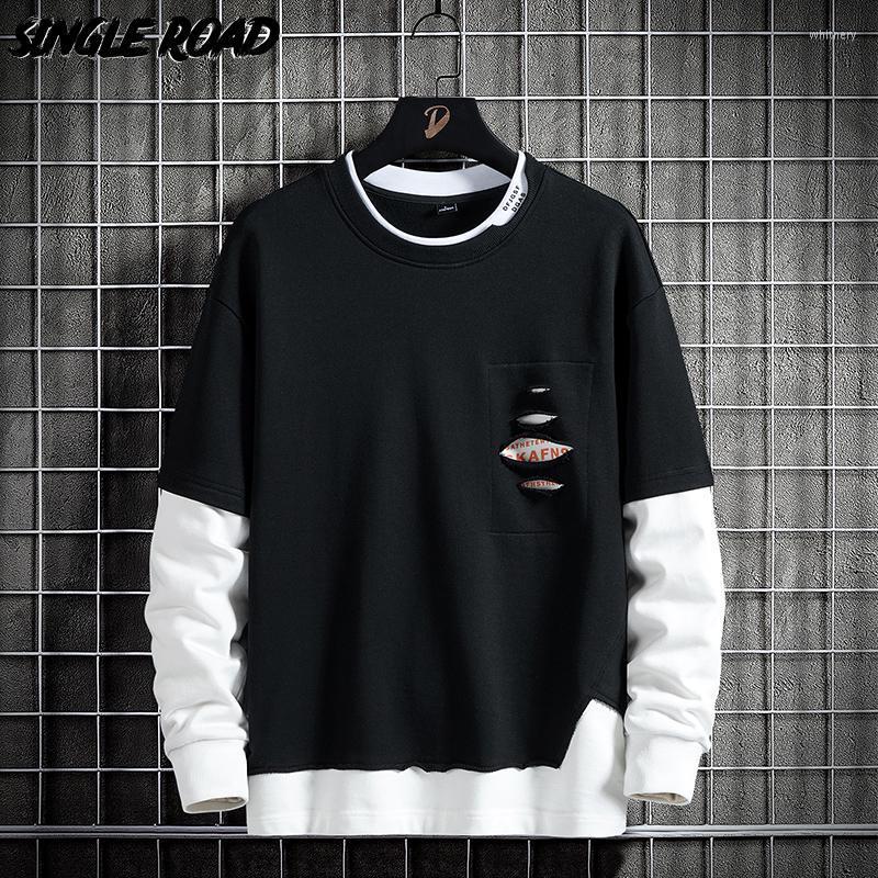 

Men's Hoodies & Sweatshirts Single Road Mens Crewneck Sweatshirt Men 2023 Ripped Patchwork Male Oversized Hip Hop Streetwear Casual Hoodie M, Black sweatshirt men