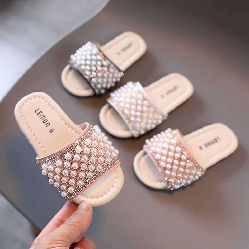 

Slipper Princess Girls Summer 2022 Kids Sandals Slides Beach Swimming Bath Slippers for Children Bling Pearls Beading Soft Chic 0203, Black