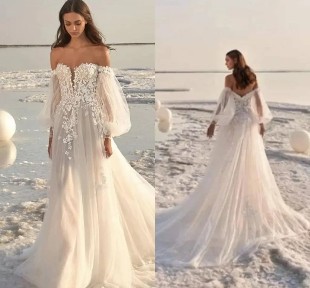 

A-Line Summer Bohemian Wedding Dresses Beach Garden Sexy Backless Off Shoulder Sheer Long Sleeve Appliques Pleats Long Boho Bridal Gowns BC15101, Red