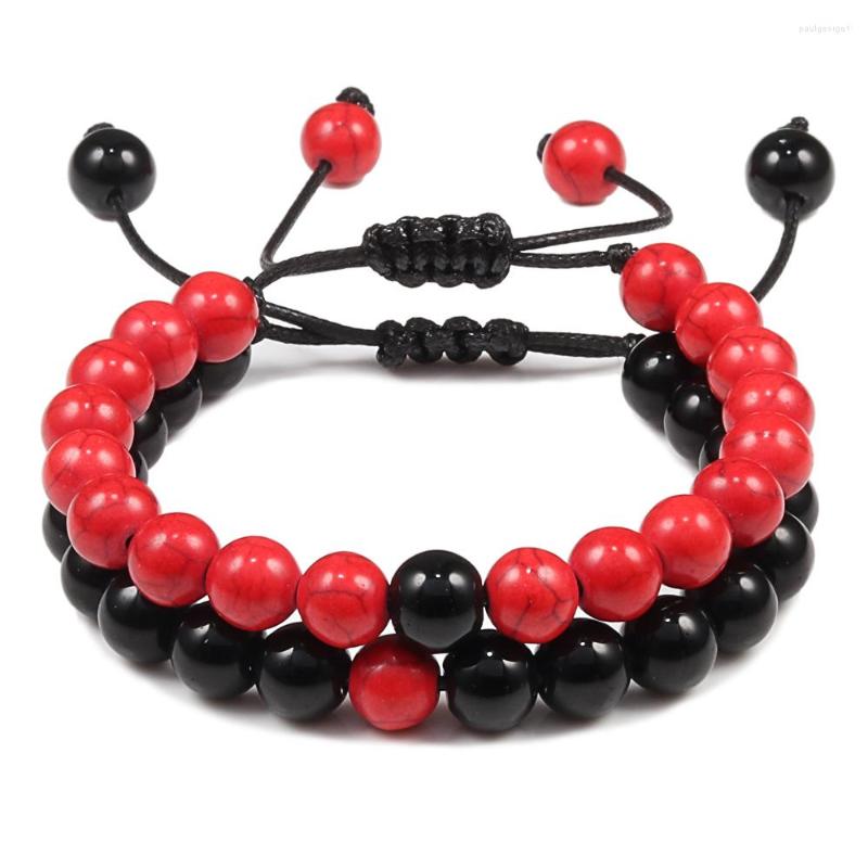 

Strand 2Pcs/Set Adjustable Bangles Sets Natural Lava Stone Black White Weave Braiding Couple Bracelet For Women Men