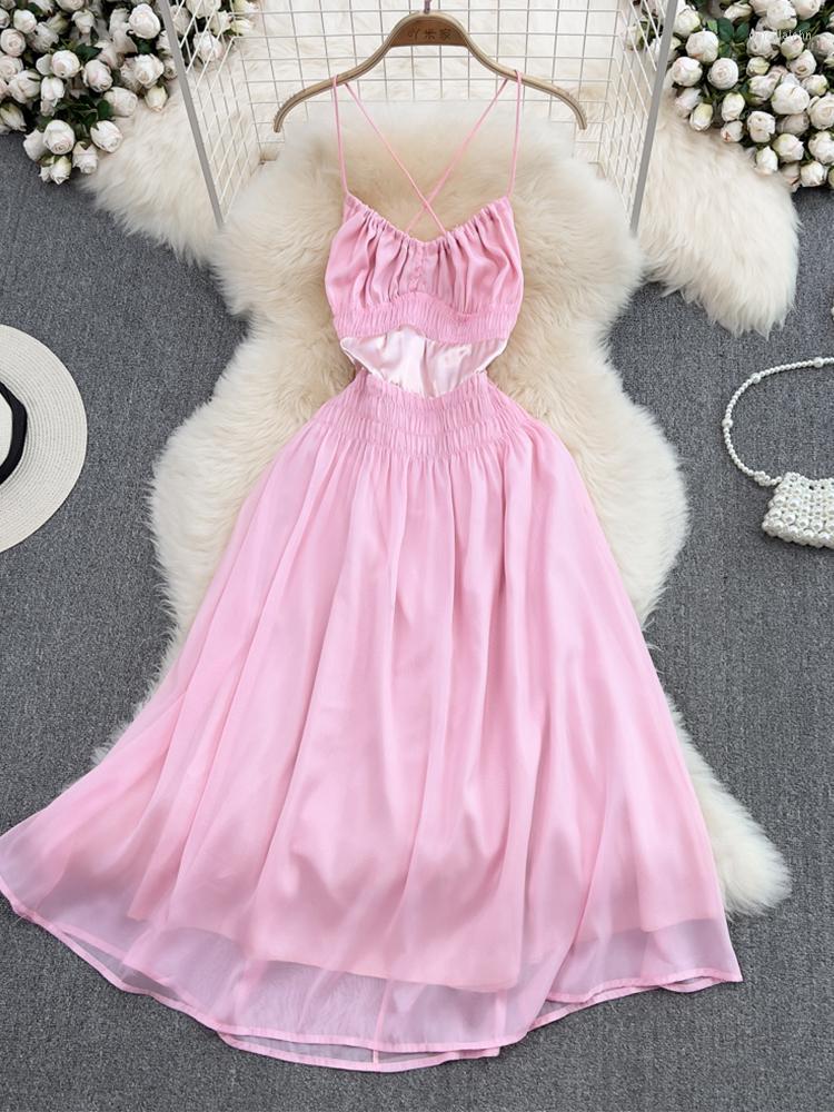 

Casual Dresses FTLZZ Summer Women Leisure High Waist Slim Vacation Spaghetti Strap Dress Elegant Chic Fashion Sweet Sleeveless, Pink