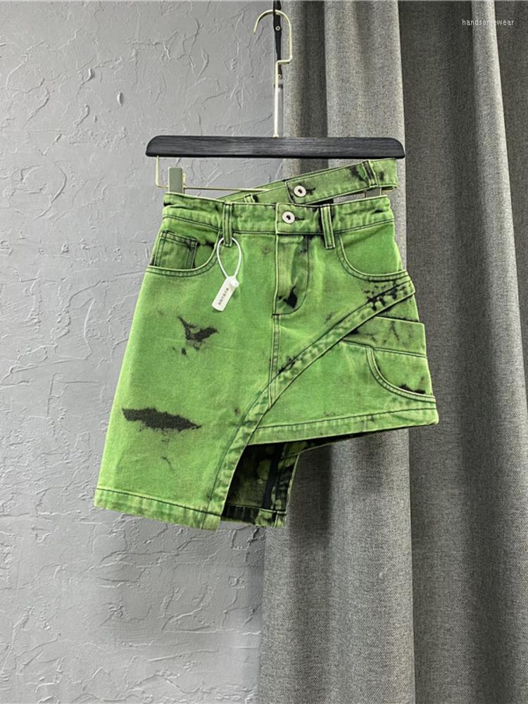 

Summer European Style Green Denim Skirts Women Fashion Double Personalized Waist Asymmetric Mini Skirt