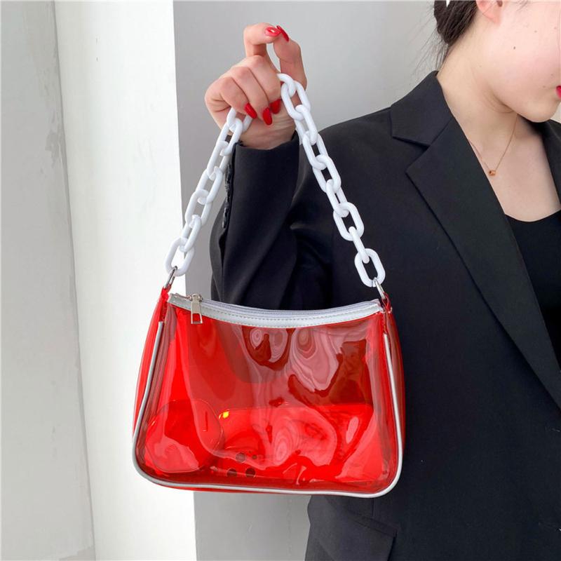 

Evening Bags Women's Transparent Shoulder Clear PVC Jelly Underarm Bag Female Chain Hobo Handbag Luxury Ladies Baguette Clutches, Red