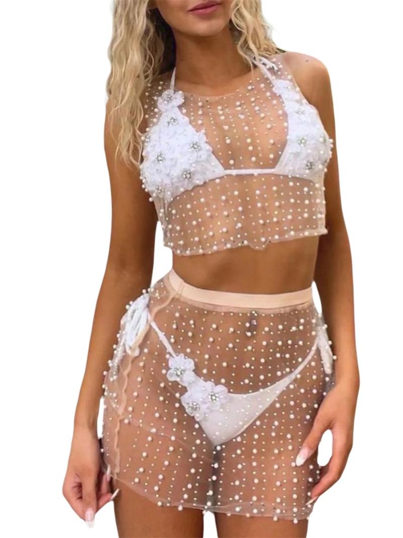 

Women' Swimwear Women Beach Swimsuit Cover-Up Set Pearl Rhinestones Decoration Round Neck Sleeveless Bikini Smock Tops High Waist Skirt Poo, White