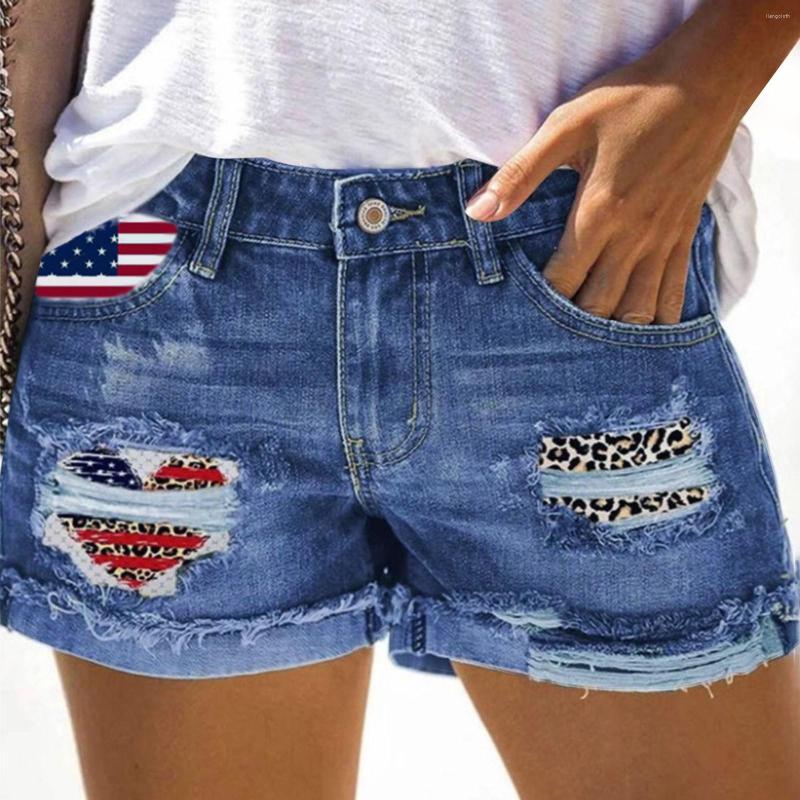 

Women' Shorts Women' Fashion Stretch Patchwork Hole Print Flared Pocket Denim Independence Day Jean For Women, Blue