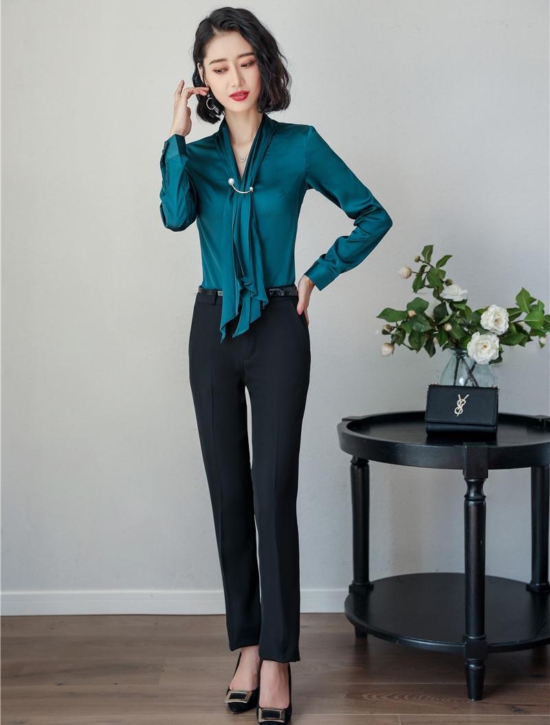 

Women's Blouses & Shirts Fashion Ladies Green Women Business Suits With 2 Piece Pant And Top Sets Long Sleeve PantsuitsWomen's, Picture shown