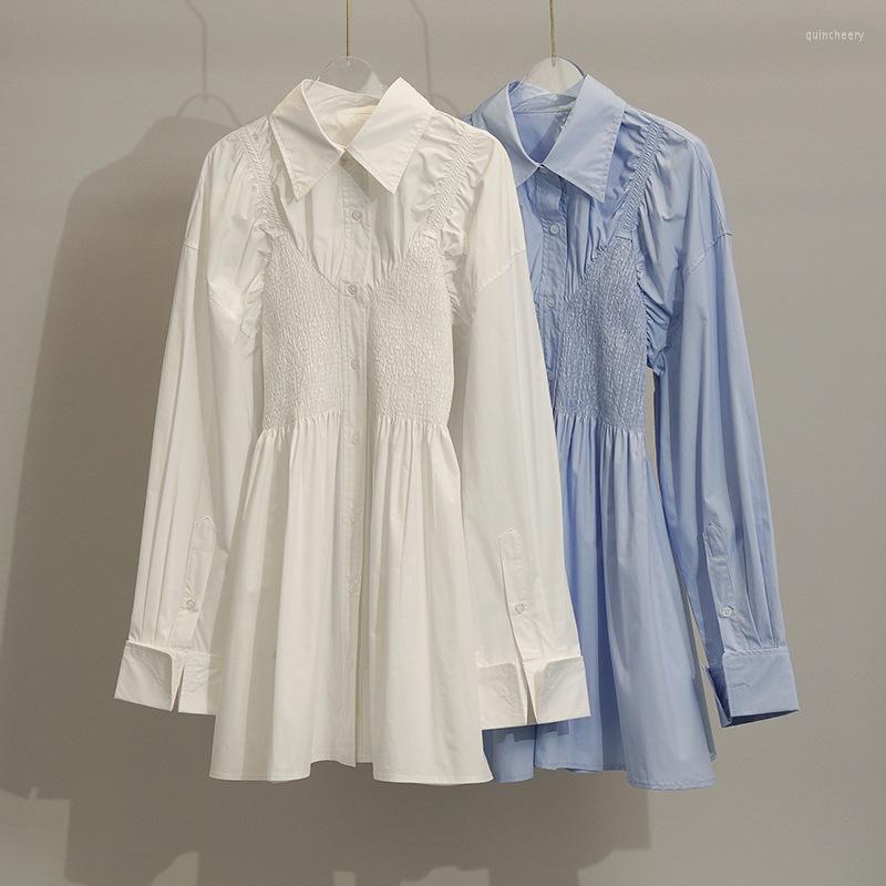 

Women' Blouses High Quality Women Pleated Fake Two-piece Casual Shirt Dress 2023 Autumn And Winter Personality White Blue Color