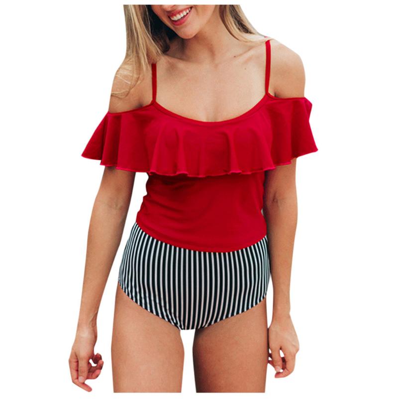 

Women's Swimwear Women Bandage Bikini Striped Ruffles Push-Up Brazilian Off Shoulder Top Sexy Strap Beachwear Two-Piece Swimsuit X0319, Black