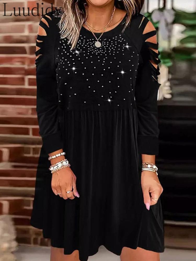 

Casual Dresses Women Rhinestone Design Long Sleeve Cold Shoulder Dress, Black