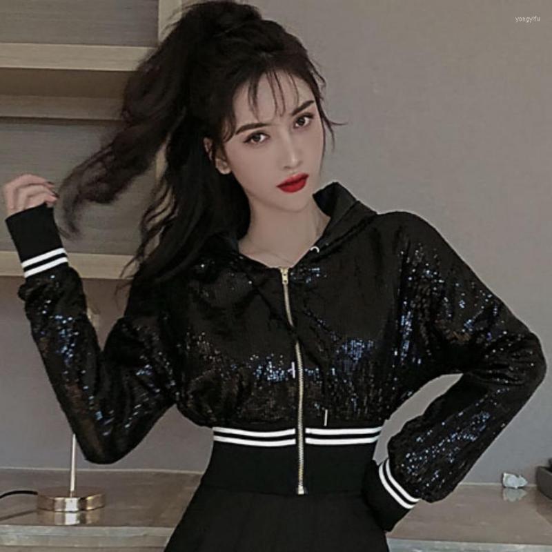 

Women's Jackets 2023 Autumn Coat Sequin Hooded Small Design Slim Long Sleeve, Black