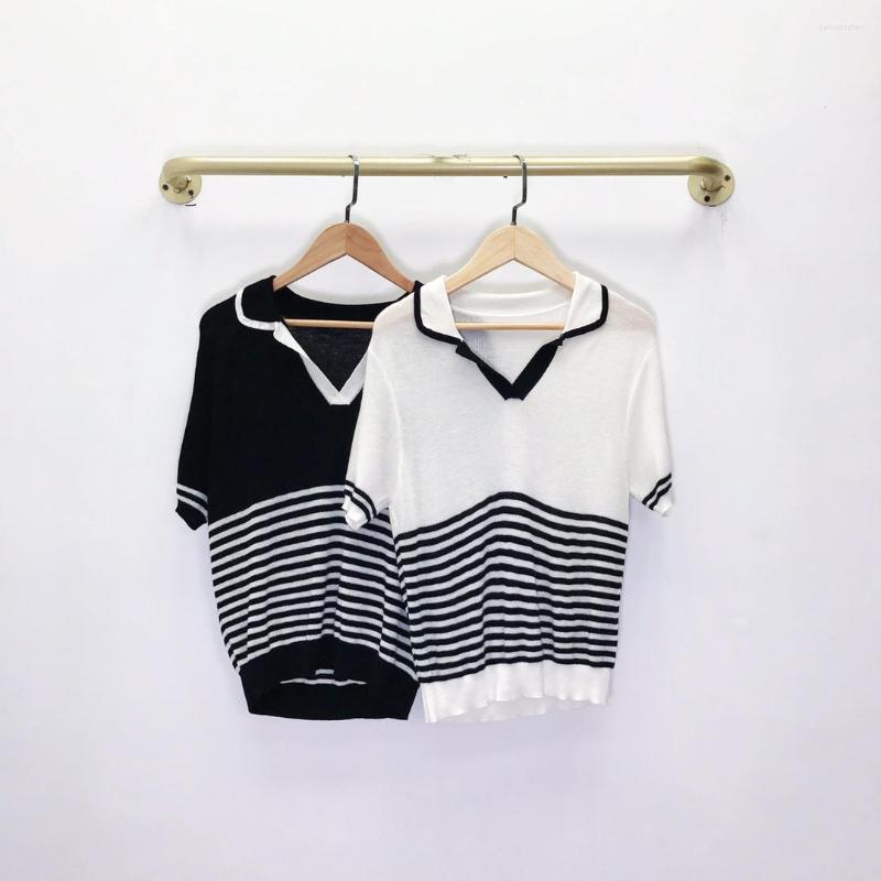

Women's T Shirts 2023 Spring And Summer Women's Clothing Fashion Black White Contrast Color Striped Short-Sleeved Sweater 0412