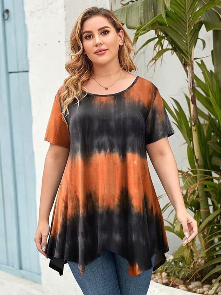 

Women's Plus Size T-Shirt 5XL  Plus Size Women Clothing Summer Short Sleeve Tie Dye Print Casual Tee Shirt Peplum Tops Irregular Long Blouse 230203