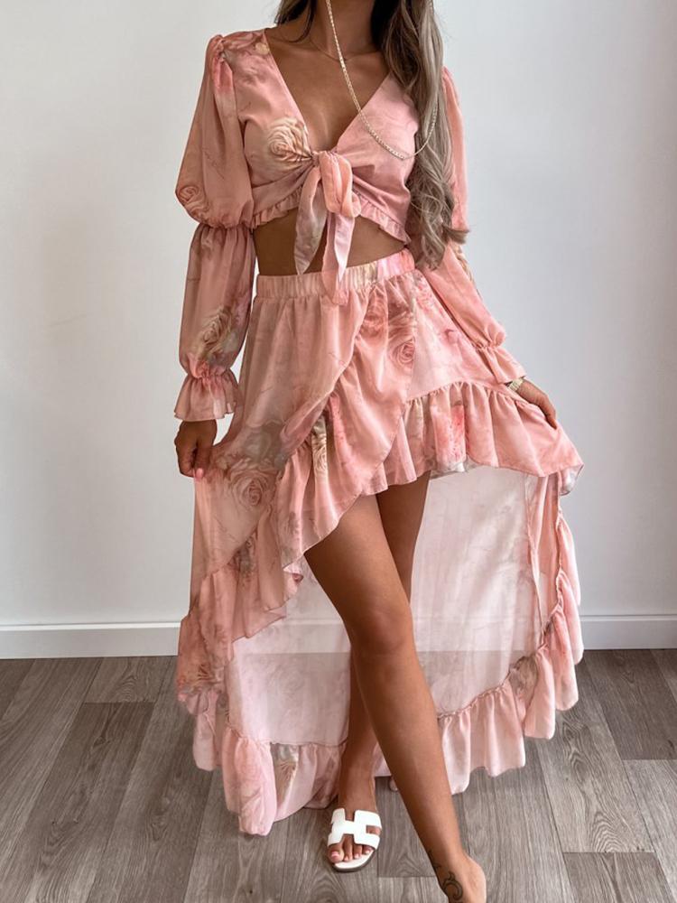 

Work Dresses Women Summer Sexy Long Sleeve V-Neck Lace-up Hollow Short Top Irregular Ruffle Skirt Suit Fashion Slim Lady Beach 2 Piece SetsW, 05 print