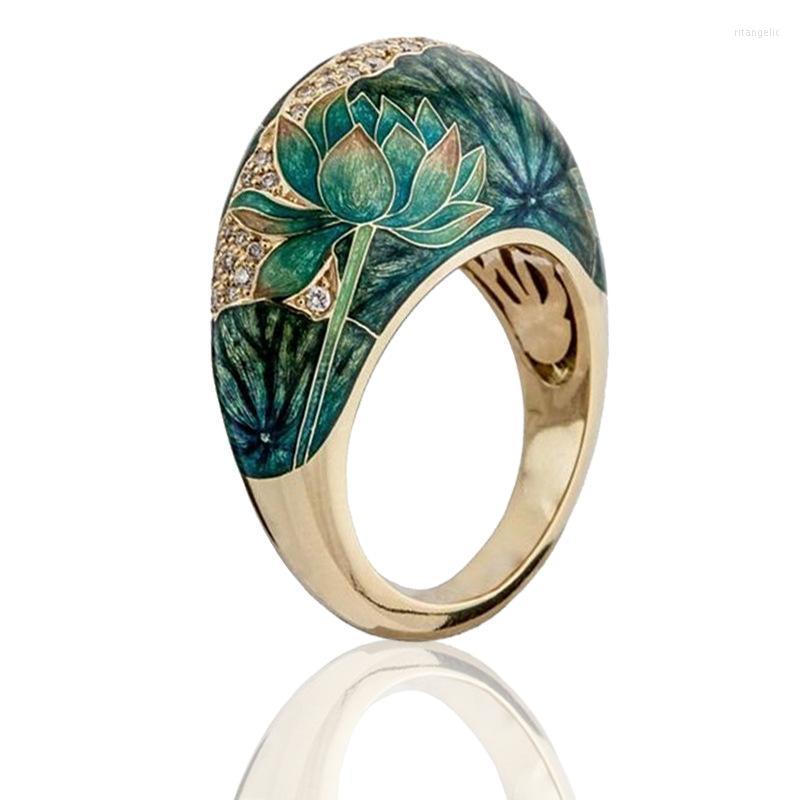 

Wedding Rings Fashion Exquisite Floral Lotus Enamel Two-tone For Women Romantic Zircon Bridal Engagement Ring Boho JewelryWedding Rita22
