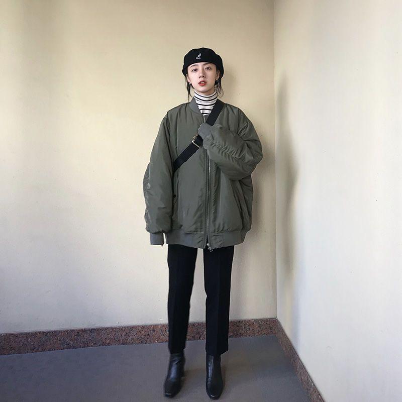 

Women's Jackets Solid Baseball Jacket Mid-length Cotton Autumn Winter Korean Fashion Preppy Zipper Padded Streetwear, Armygreen