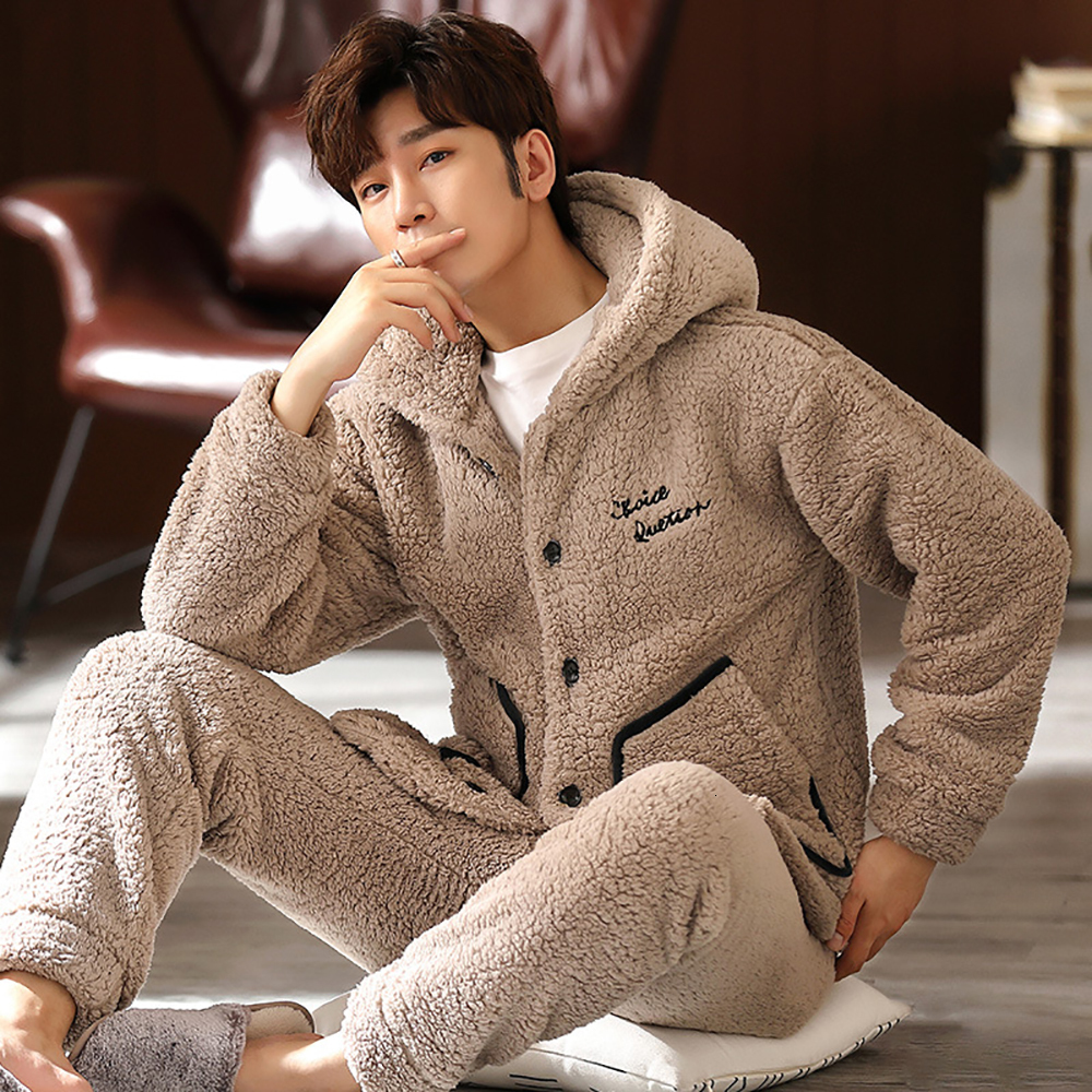

Men's Sleepwear Winter Warm Hooded Pajama Sets Double Sides Thick Flannel Antistatic Male Pajamas Soft Elastic Waist Long Pants Plus Size Pijama 230202