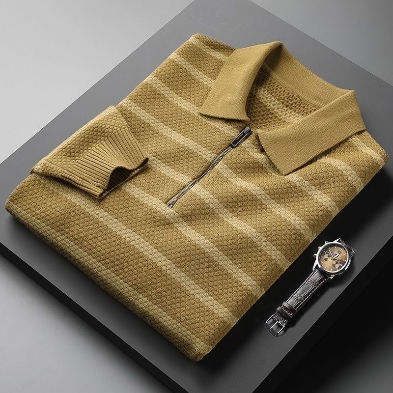 

Men's Sweaters High end fashion jacquard stripe knitted polo shirt men's zipper Lapel long sleeve Tshirt casual Korean winter warm sweater men 230203, Black