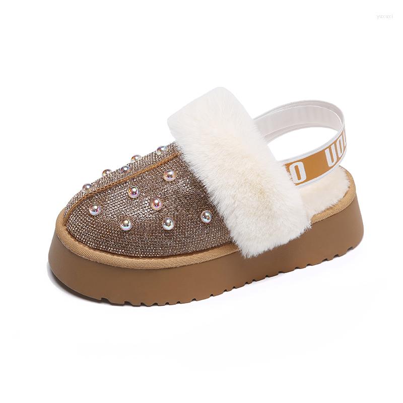 

Slippers Winter Simple Plush Elastic Belt Women's 2023 Fashionable Pearl Casual Thick Soled Shoes Outdoor Women, Black