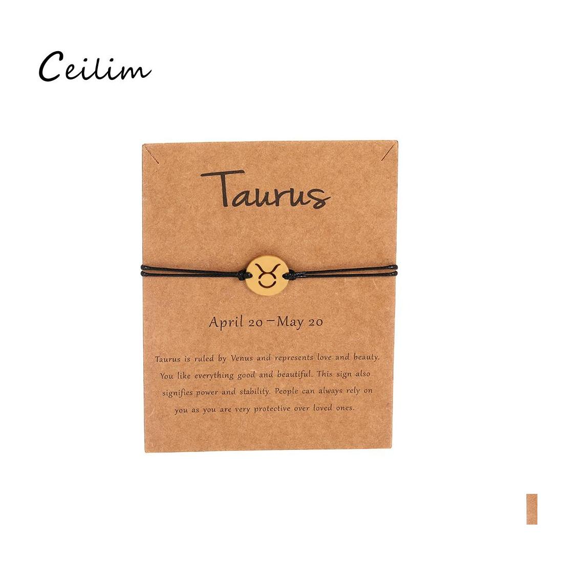 

Charm Bracelets Fashion 12 Constellation Zodiac Lucky Wax Rope Bracelet Kraft Paper Card Stainless Steel For Women Men Girls Accesso Othur