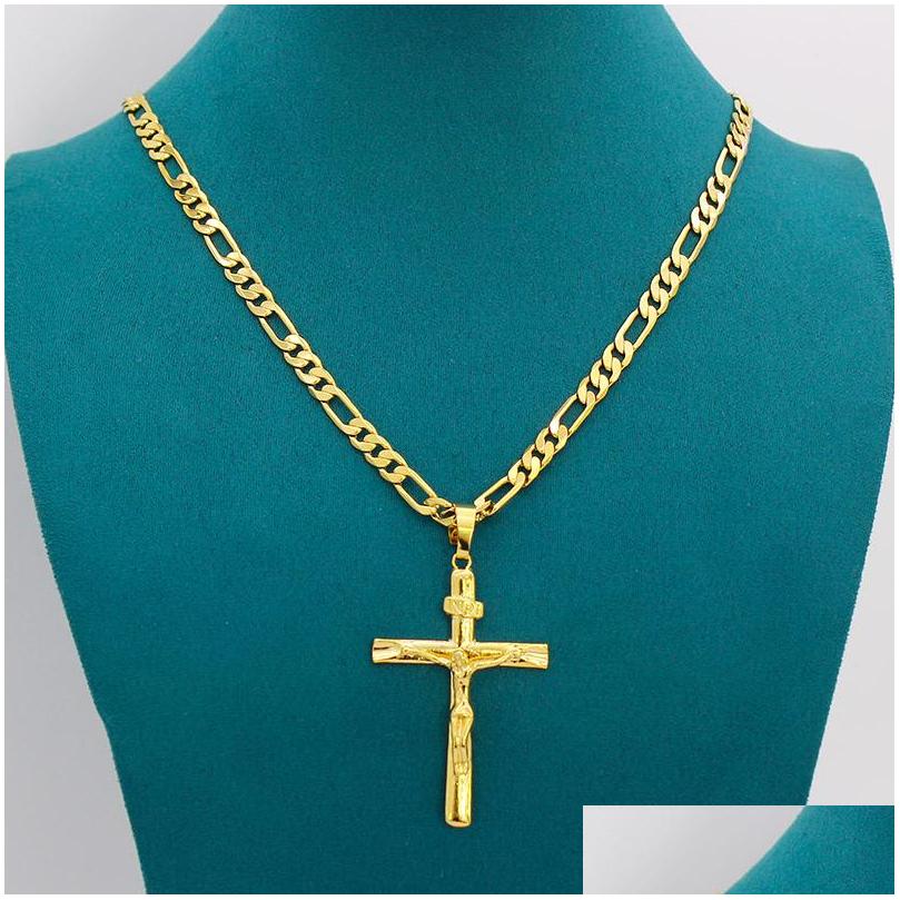

Pendant Necklaces Real 10K Yellow Solid Fine Gold Gf Jesus Cross Crucifix Charm Big 55X35Mm Figaro Chain Necklace 24 600X6Mm Drop De Dhpok