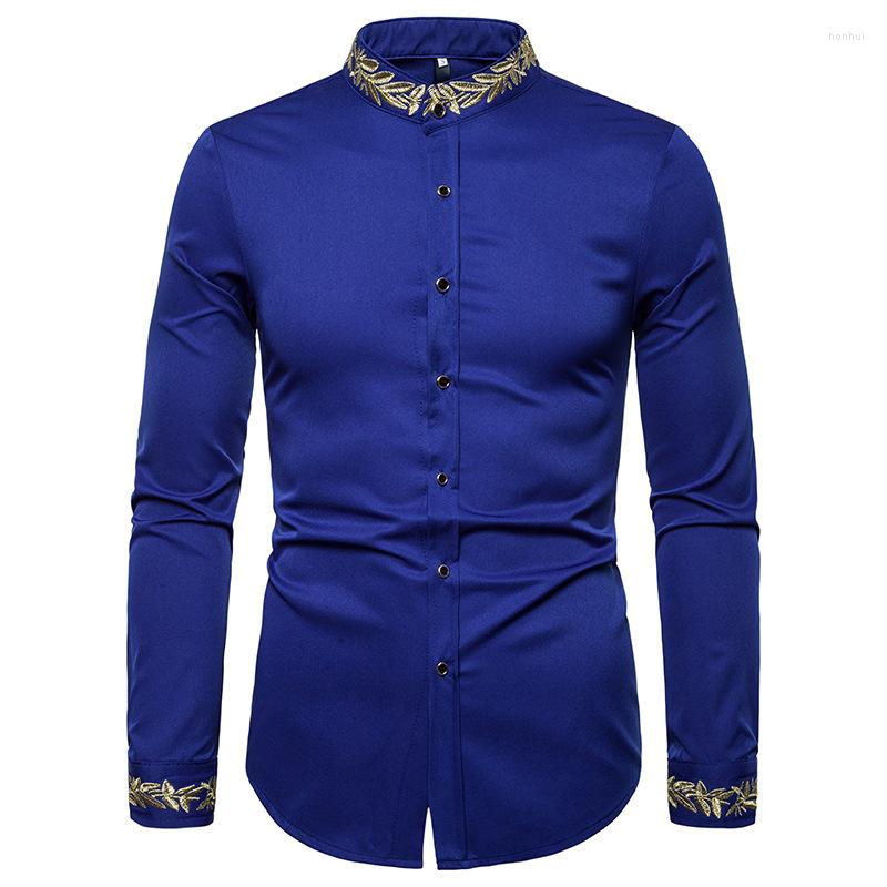 

Men's Casual Shirts Men's Solid Color Retro Embroidery Loose Cotton Long-sleeved Collar Henry Shirt Blouse Men Clothing, Blue