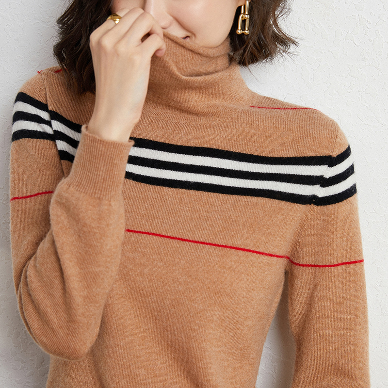 

Women' Sweaters Autumn And Winter Pile Collar Contrast Striped Brand Classic Fashion Bottoming Shirt 230202, Camel