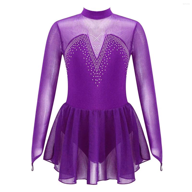 

Girl Dresses Kids Girls Ballet Dance Dress Ballerina Costumes Long Sleeves Rhinestone Mesh Figure Skating Gymnastics Workout Leotard, Navy blue