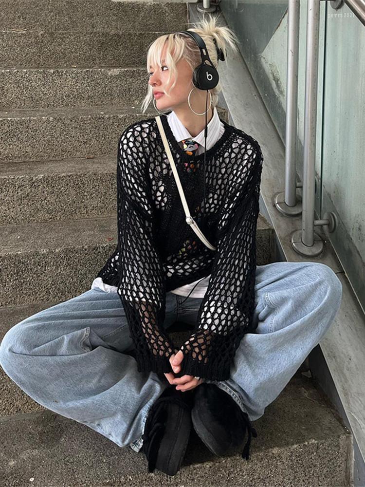 

Women' Sweaters Hollow Out Knit Tops Women Long Sleeve See Through Loose Sweater Summer Autumn Y2K Casual Sexy 90s Smock Female Knitwear, Black