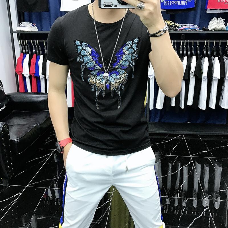 

Men's T Shirts European Design Summer Top Color Pattern Butterfly Diamond Men's T-Shirt Fitness Casual Black O-Neck Plus Size, As shown asian size